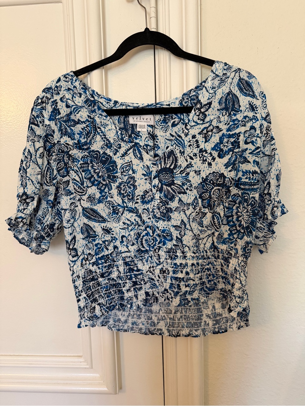 Velvet by Graham & Spencer Blue and Navy Floral Smocked Crop Top